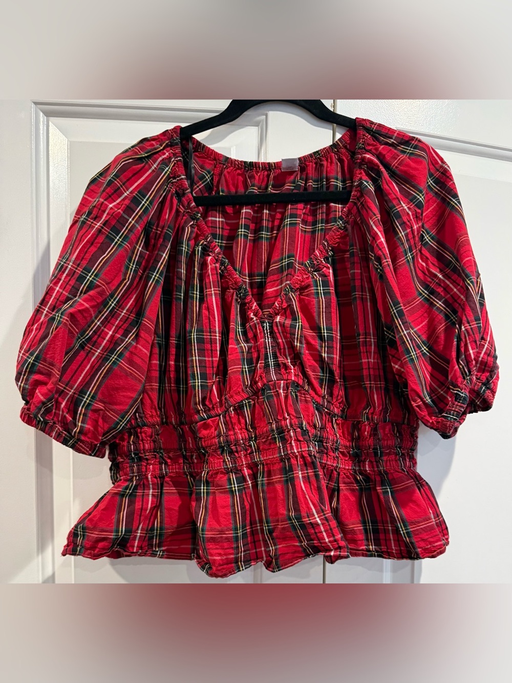 Old Navy Red Plaid Peasant Blouse Sz XL 100% cotton
